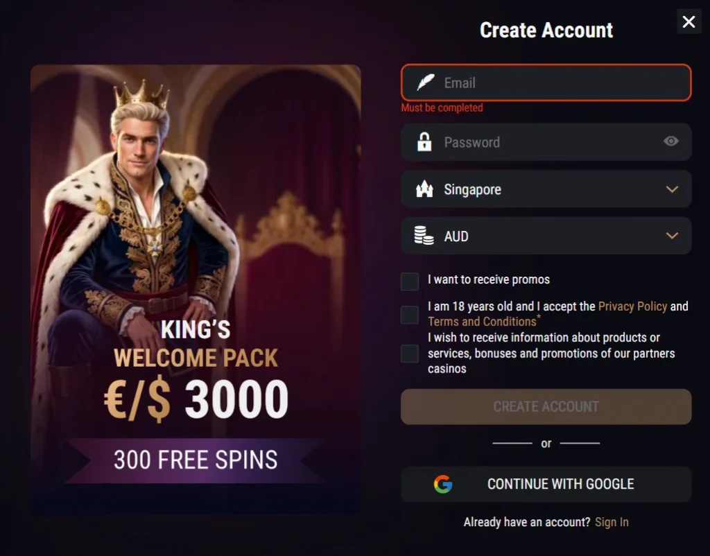 King Billy Casino Register